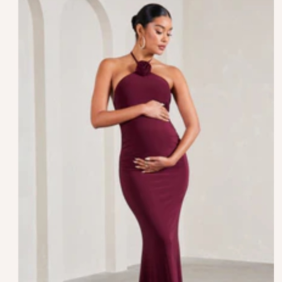 Club L London Dresses & Skirts - CLUB L LONDON BURGUNDY HALTER-NECK MATERNITY MAXI DRESS WITH FLOWER CORSAGE